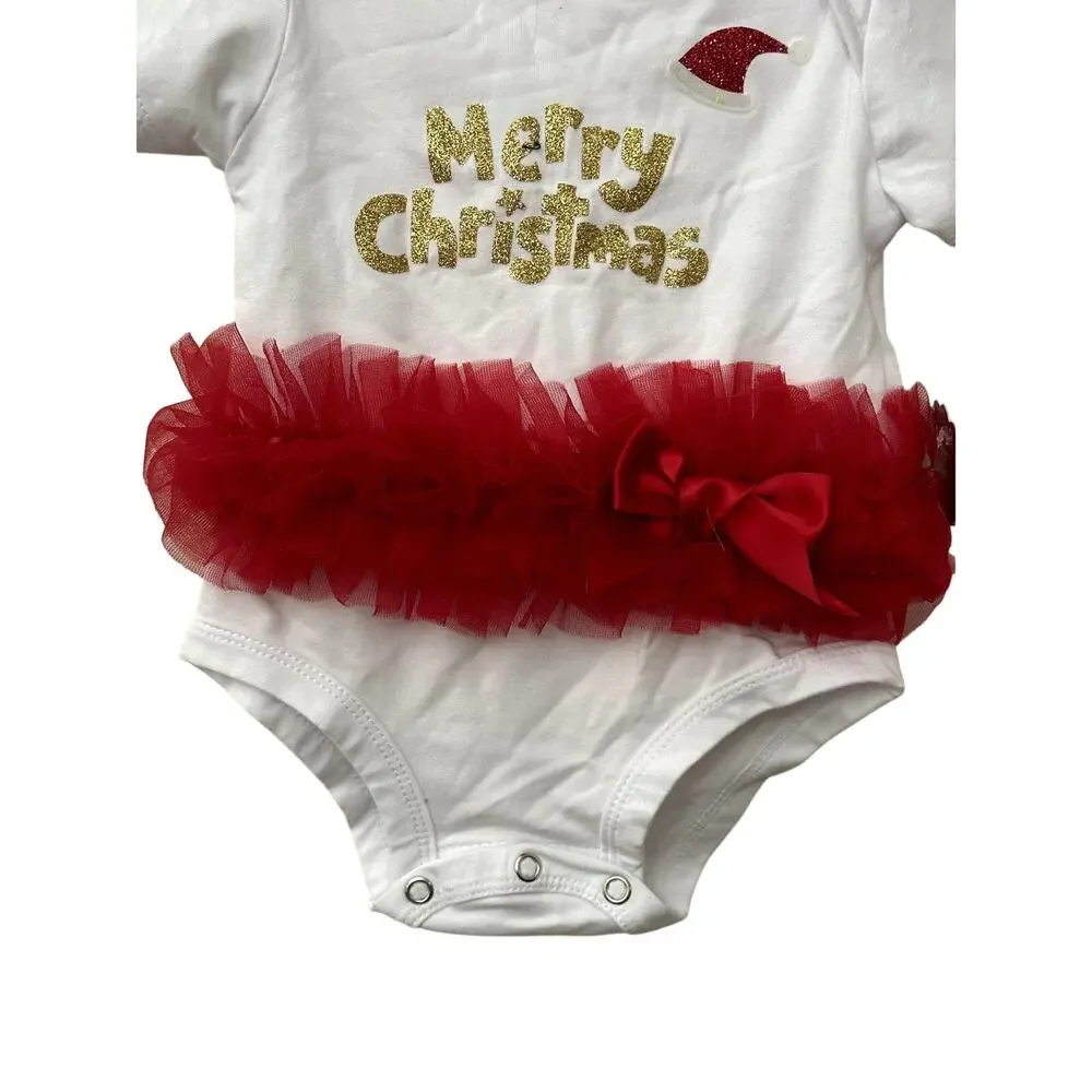 Popatu Girls White Merry Christmas One Piece With Tutu 6-9 Months NWT